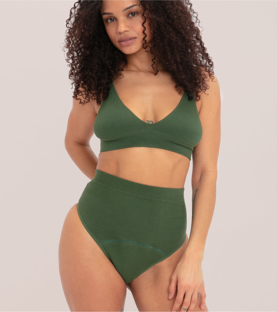 Perizoma High-Waist a costine senza cuciture - Verde foresta